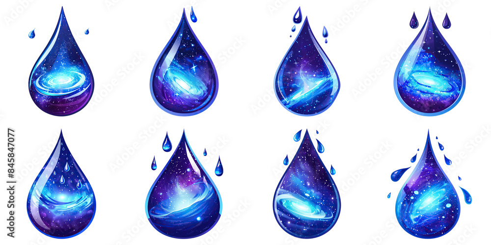 Set of Indigo Water Drop With Galaxy Isolated on Transparent PNG Background. Generative ai Set of Indigo Water Drop With Galaxy Isolated on Transparent PNG Background. Generative ai