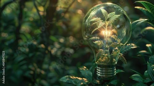 Combination of technology and nature in a light bulb on a blurry background of greenery