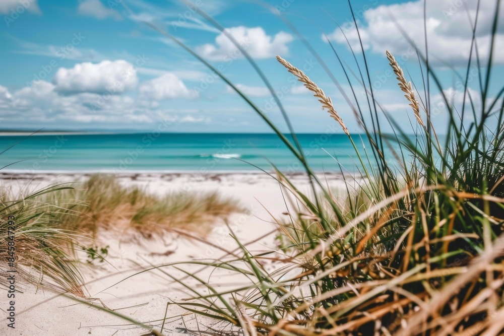 Serene beach landscape with clear skies and dune grass Serene beach landscape with clear skies and dune grass