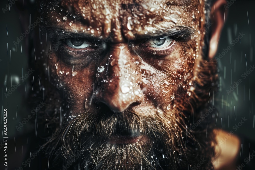 Intense gaze of a bearded, wet adult caucasian man in the rain Intense gaze of a bearded, wet adult caucasian man in the rain