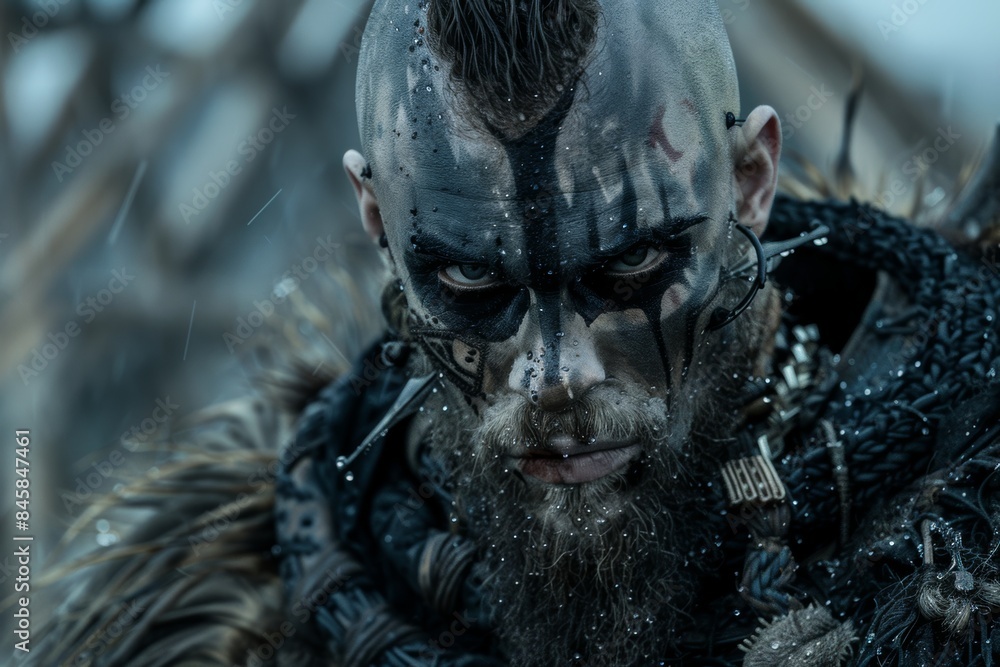 Intense warrior with face paint in dramatic portrait Intense warrior with face paint in dramatic portrait