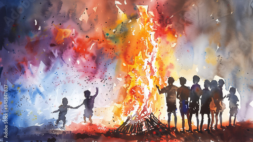 Happy Holi!Happy holika dahan!happy new year!Lag BaOmer，Bonfire and colorful smoke, watercolor painting
 photo