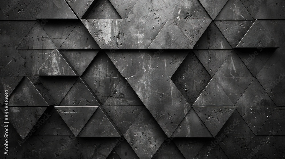 Abstract black geometric background with triangle pattern, seamless texture. Modern wallpaper design for banner, poster or packaging. Dark gray metal triangles on grunge wall backdrop