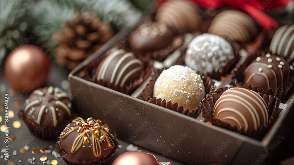 Closeup photo of open luxury chocolate box full of different flavored and shaped dark and white chocolate pieces for gift Closeup photo of open luxury chocolate box full of different flavored and shaped dark and white chocolate pieces for gift