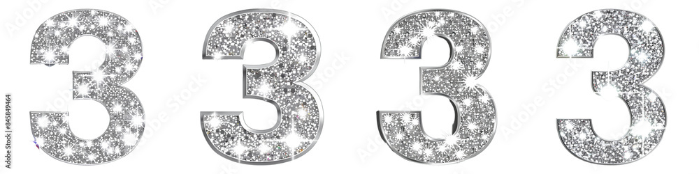Set of Number 3 Glitter Isolated on Transparent PNG Background. Generative ai Set of Number 3 Glitter Isolated on Transparent PNG Background. Generative ai