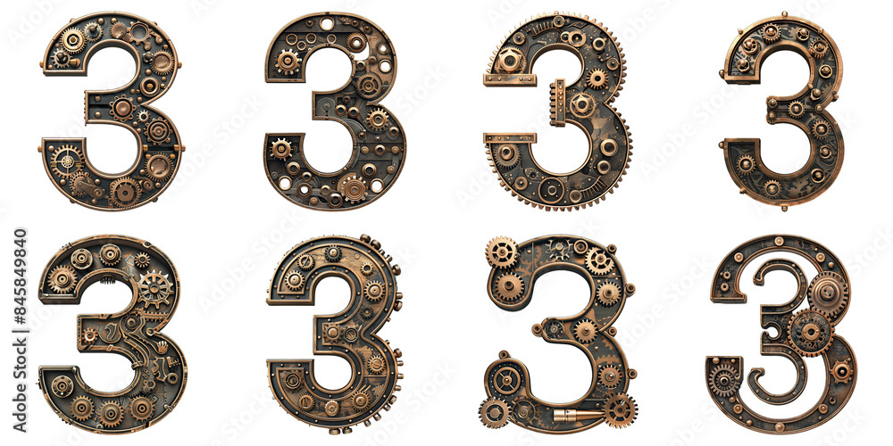 Set of Number 3 Steampunk Isolated on Transparent PNG Background. Generative ai Set of Number 3 Steampunk Isolated on Transparent PNG Background. Generative ai