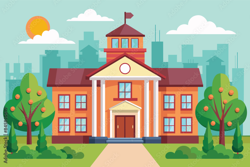A cartoon illustration of a school building in the city, surrounded by trees and with a bright sun in the sky. A cartoon illustration of a school building in the city, surrounded by trees and with a bright sun in the sky.
