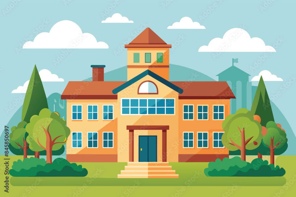 Naklejka premium A cartoon illustration of a school building with a green lawn, trees, and clouds in the blue sky.