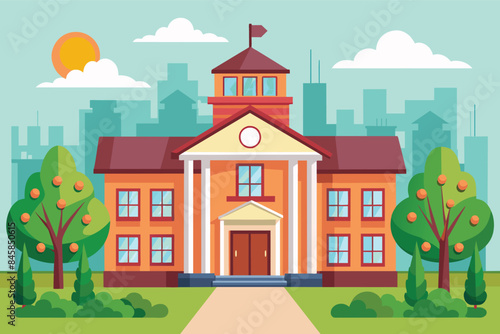 A cartoon illustration of a school building in the city, surrounded by trees and with a bright sun in the sky.