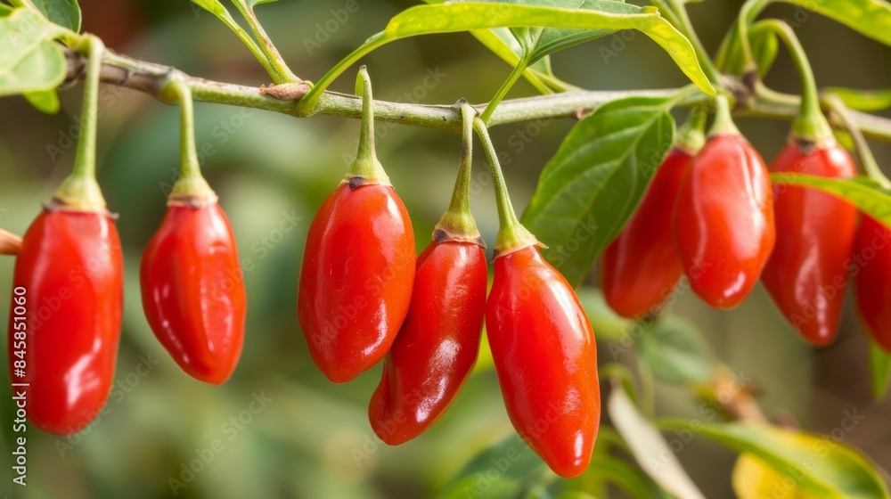 Vibrant red goji berries hanging on a lush green branch Vibrant red goji berries hanging on a lush green branch