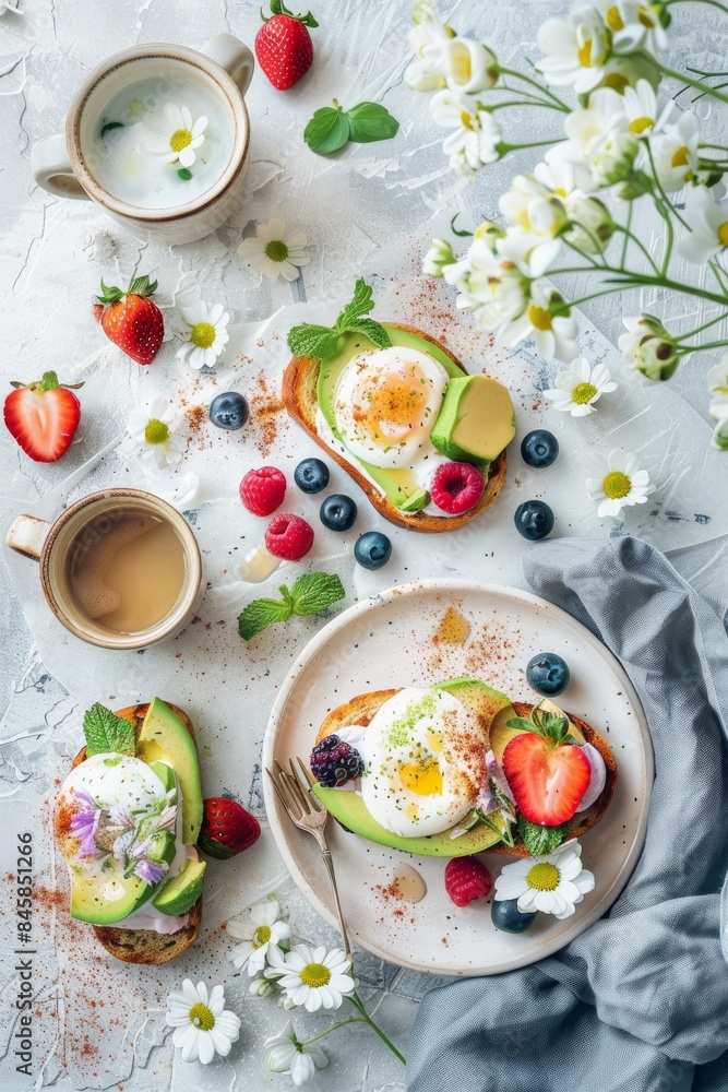 Fototapeta premium Avocado Toast Breakfast with Coffee on a background of fuzzy flowers.