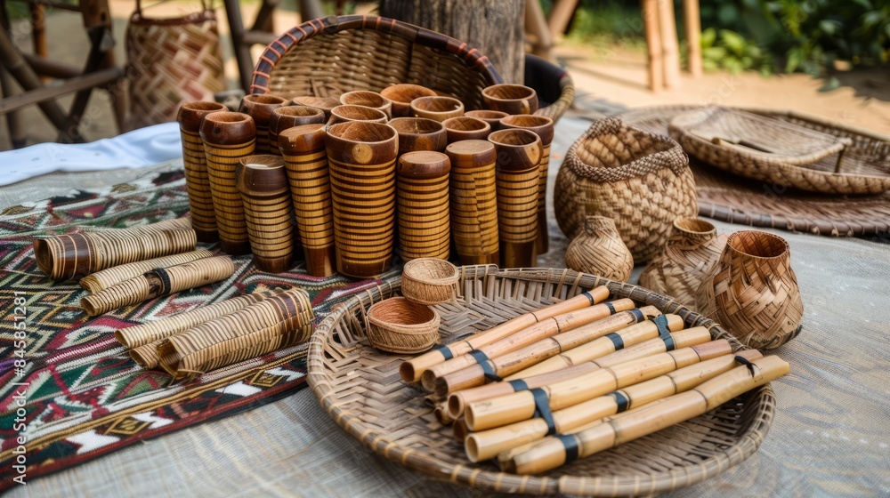 Diverse traditional bamboo and hornbill crafts at kisama heritage village festival in nagaland, india

