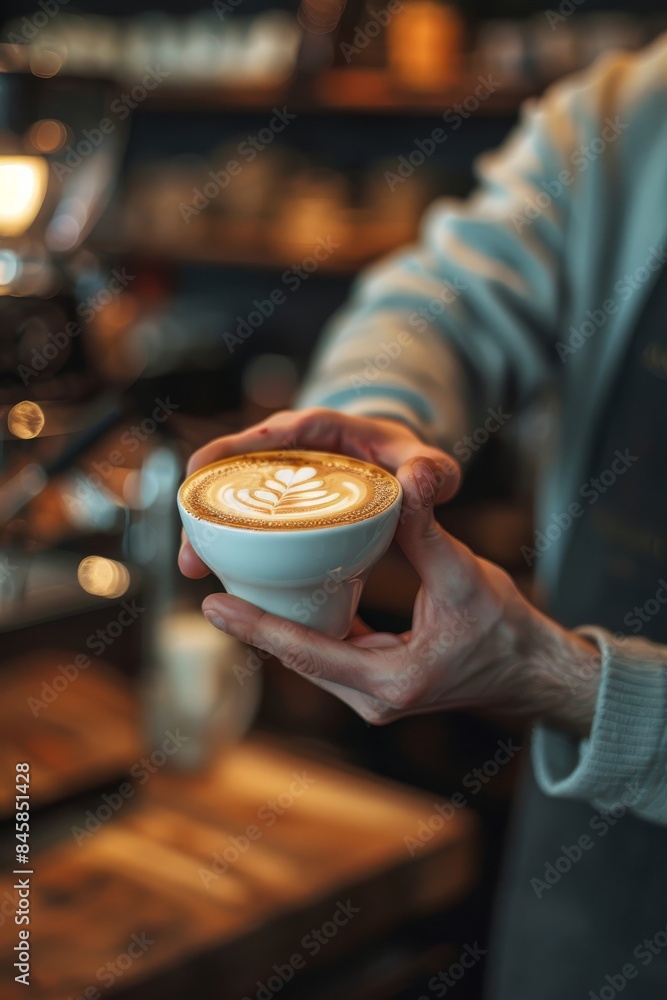 Creating a cappuccino: The artistic touch of a barista on a blurry background Creating a cappuccino: The artistic touch of a barista on a blurry background