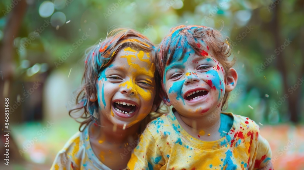Two joyful children with colorful faces celebrating a vibrant festival of colors outdoors in festive attire Two joyful children with colorful faces celebrating a vibrant festival of colors outdoors in festive attire