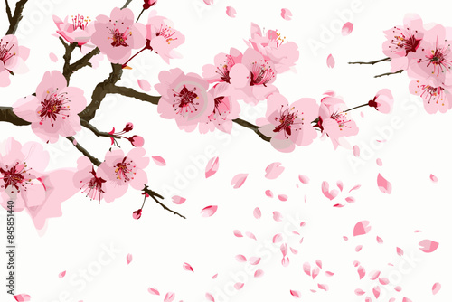 Background of cherry blossoms in full bloom with falling pink petals vector illustration on white background