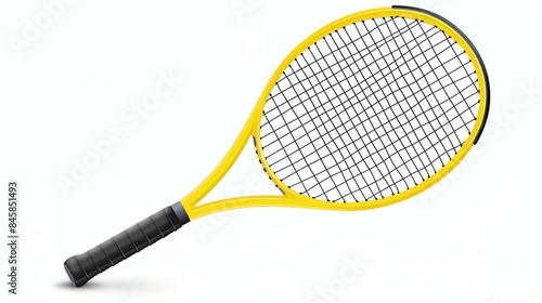 A yellow tennis racket isolated on a white background. The racket has a black handle and a yellow frame. The strings are black. photo
