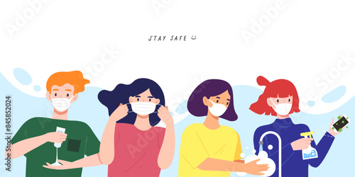 Group of people with COVID-19 prevention action. Hygiene campaign; using hand sanitizer, wearing mask, cleaning hands with soap, disinfect touched surfaces. Flat vector illustration for banner or sign