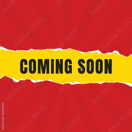 Coming soon post paper with torns edges. social media post with red background, template design.