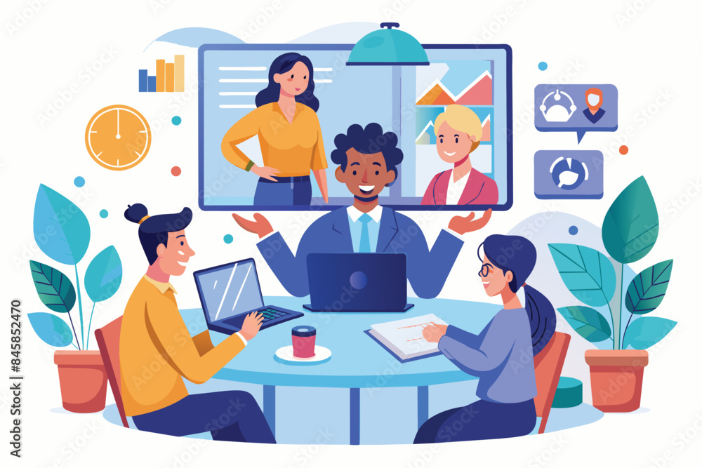 A business team is meeting around a table, with colleagues joining the meeting via video call on a large screen. A business team is meeting around a table, with colleagues joining the meeting via video call on a large screen.