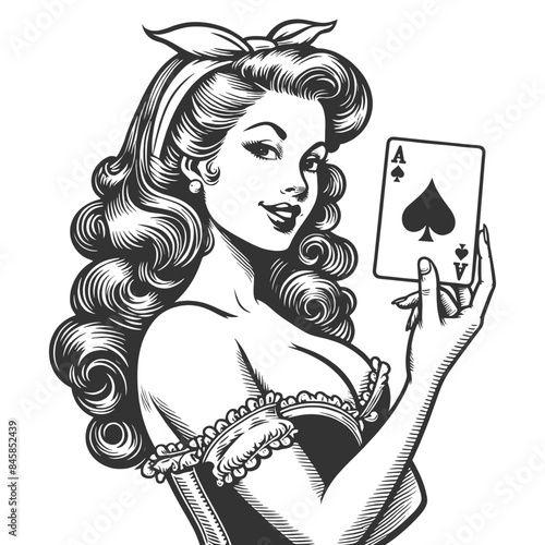 pin-up girl displaying an Ace of Spades card, symbolizing luck and strategy sketch engraving generative ai fictional character vector illustration. Scratch board imitation. Black and white image.