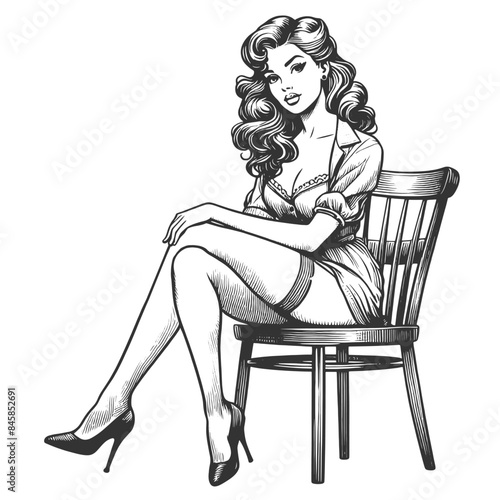 Pin-up girl woman sitting elegantly on a chair, wearing a dress and high heels sketch engraving generative ai fictional character vector illustration. Scratch board imitation. Black and white image.