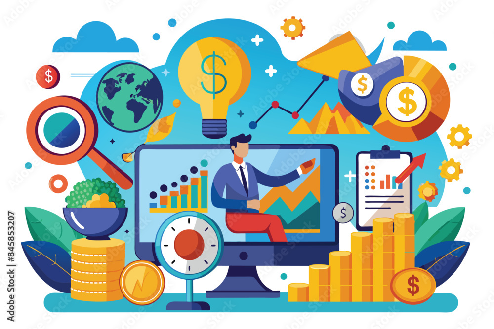 A businessman analyzes data on his computer, surrounded by symbols of growth, financial success, and global reach. A businessman analyzes data on his computer, surrounded by symbols of growth, financial success, and global reach.