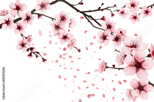 Background of cherry blossoms in full bloom with falling pink petals vector illustration on white background