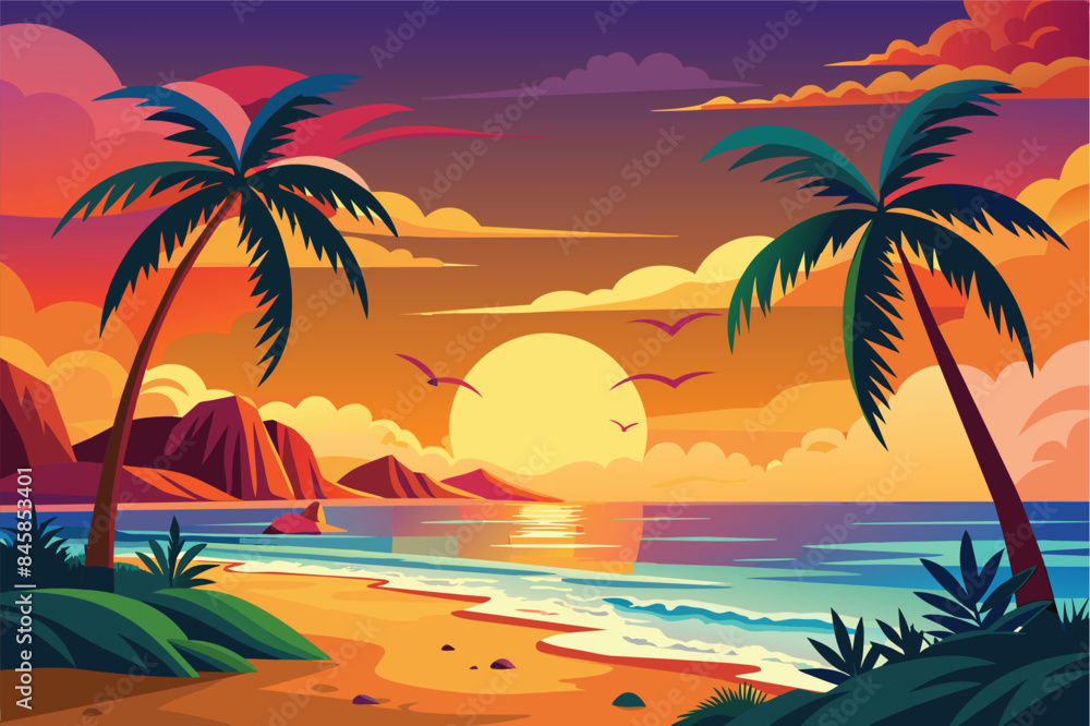 An illustration of a tropical beach sunset with palm trees, flying birds, and mountains in the background. An illustration of a tropical beach sunset with palm trees, flying birds, and mountains in the background.