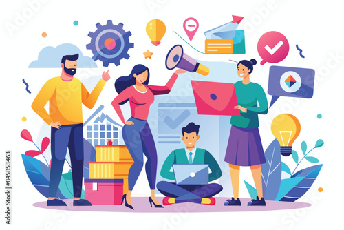 An illustration depicting a team of diverse professionals working on a digital project, using laptops, marketing tools, and brainstorming ideas.