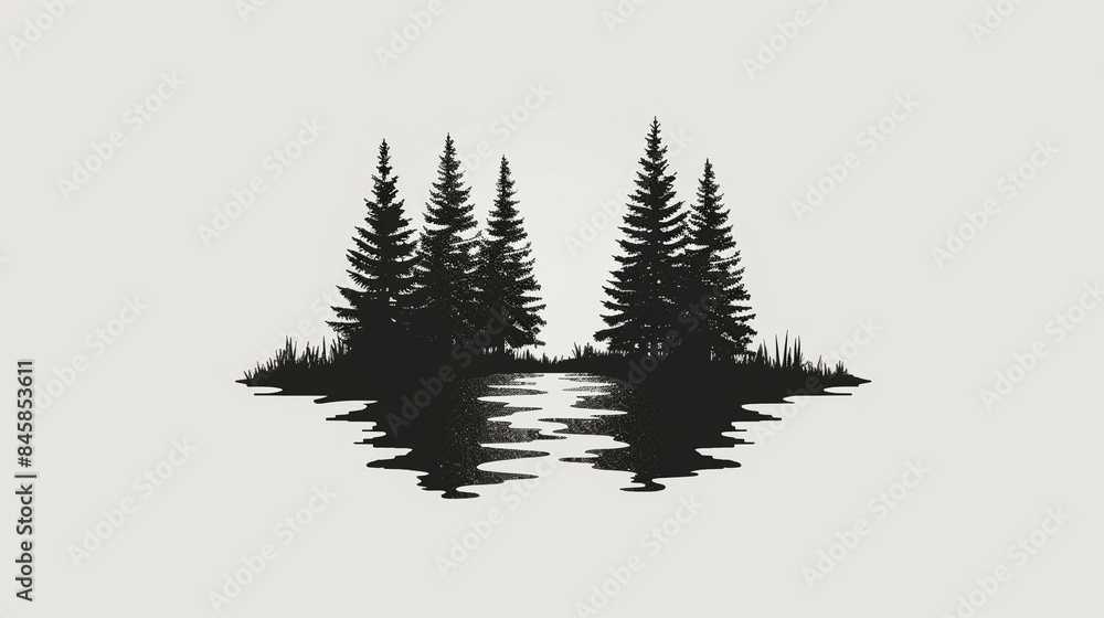 Obraz premium simple white vector logo of two black metal waterfalls with pine trees in the background on an all-white background, in a flat design, minimalist style, with no shadows or mockup.