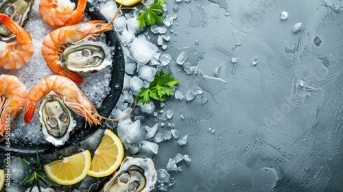 A bowl of oysters, shrimp, lemons, and ice sits on a table, ready to be enjoyed. This arrangement of fresh seafood and citrus is perfect for a refreshing seafood dish AIG50