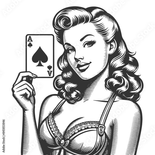 pin-up girl displaying an Ace of Spades card, symbolizing luck and strategy sketch engraving generative ai fictional character vector illustration. Scratch board imitation. Black and white image.