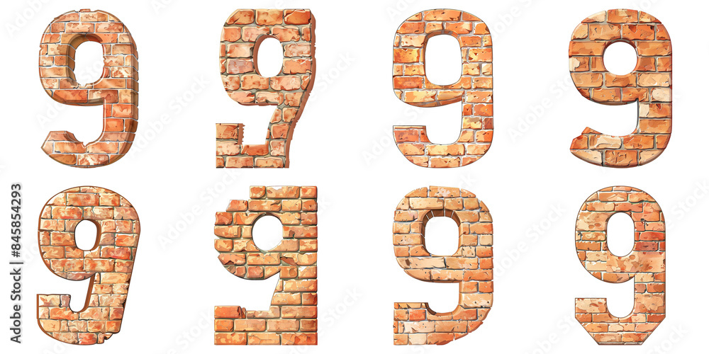 Set of Number 9 Brick Wall Isolated on Transparent PNG Background. Generative ai Set of Number 9 Brick Wall Isolated on Transparent PNG Background. Generative ai