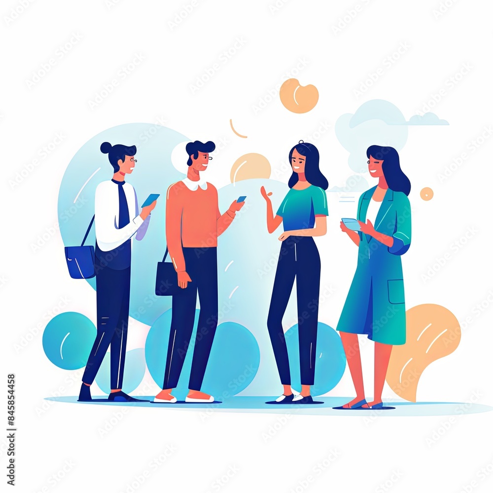 flat vector style illustration, a diverse group of people talking and collaborating, on white background flat vector style illustration, a diverse group of people talking and collaborating, on white background