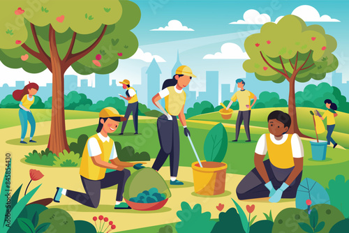 A group of diverse volunteers are cleaning up a city park, working together to plant trees, pick up trash, and rake leaves.