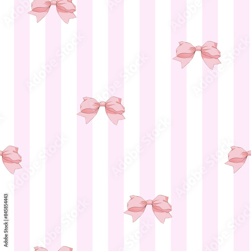 Seamless with bows on pink-white striped backdrop. For textiles, printing, posters, scrapbooking, wrapping paper in romantic style. Coquette aesthetic