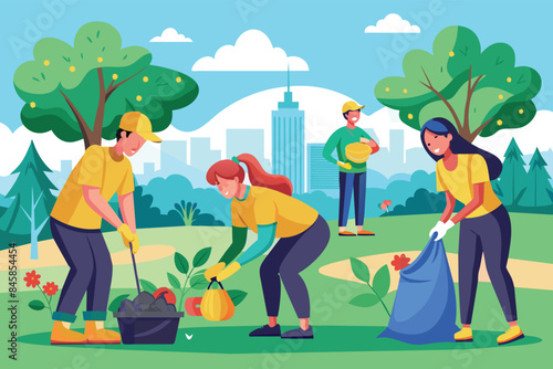 A group of volunteers is working together to clean up a park on a sunny day. They are picking up trash, planting flowers, and making the park a better place for everyone to enjoy.