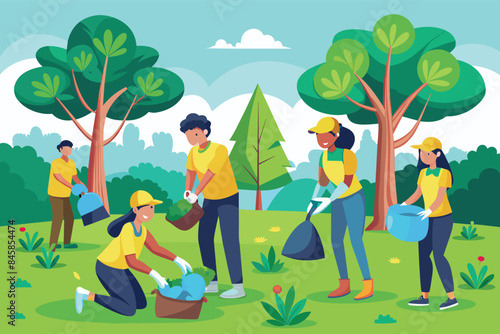 A group of volunteers are cleaning up a park on a sunny day. They are picking up trash, raking leaves, and planting flowers.