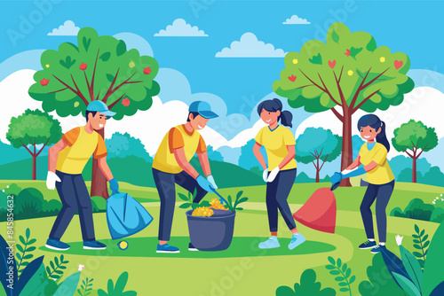 A group of four volunteers cleans up a park on a sunny day. They are picking up trash and planting flowers. They are all wearing yellow shirts and blue gloves.