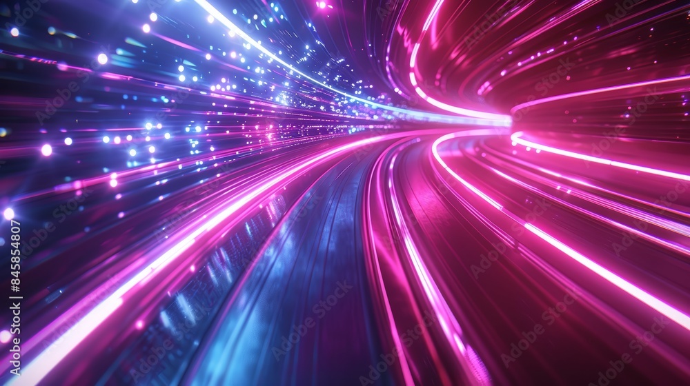 High-speed warp effect with vivid neon light streaks, perfect for futuristic and dynamic technology visuals High-speed warp effect with vivid neon light streaks, perfect for futuristic and dynamic technology visuals
