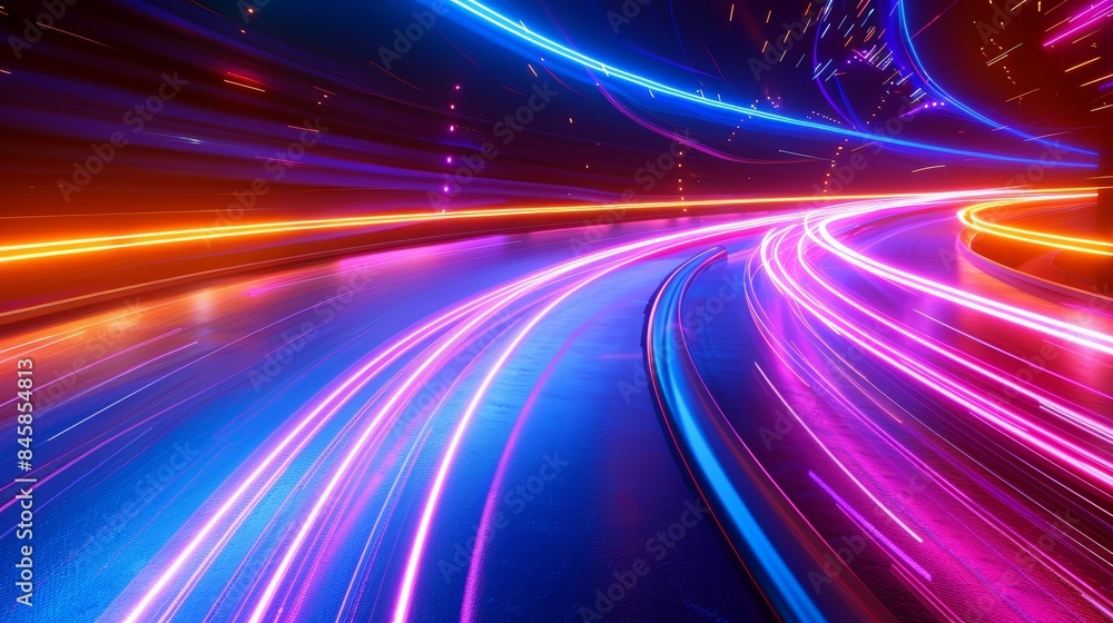 High-speed warp effect with vivid neon light streaks, perfect for futuristic and dynamic technology visuals High-speed warp effect with vivid neon light streaks, perfect for futuristic and dynamic technology visuals
