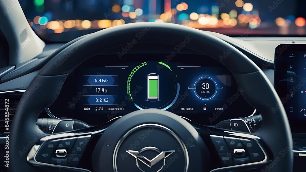Interior view of electric vehicle with high-tech dashboard, digital displays, scenic route Interior view of electric vehicle with high-tech dashboard, digital displays, scenic route