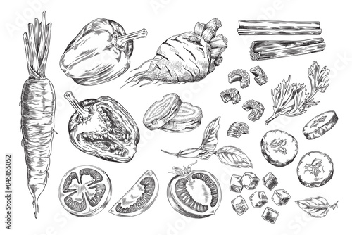 Vegetables and herbs sketch vector set