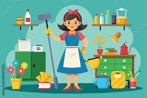 A happy woman wearing a blue dress, white apron, and yellow gloves holds a mop and bucket in her kitchen, ready to clean.