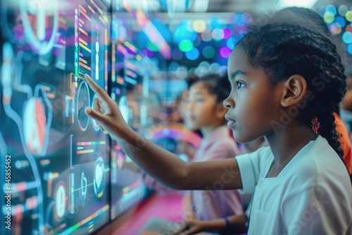 Skilled teacher teaching AI to diverse elementary student at digital classroom. Smart multicultural children learning and studying about technology innovation with hologram at computer lesson. AIG42.