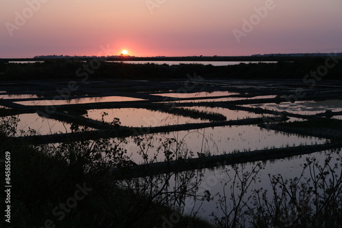 Canvas Print A panoramic view of the salt marshes of Guerande at dusk