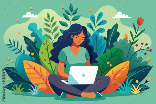 Illustration of a woman sitting cross-legged in a lush garden setting, working on a laptop.