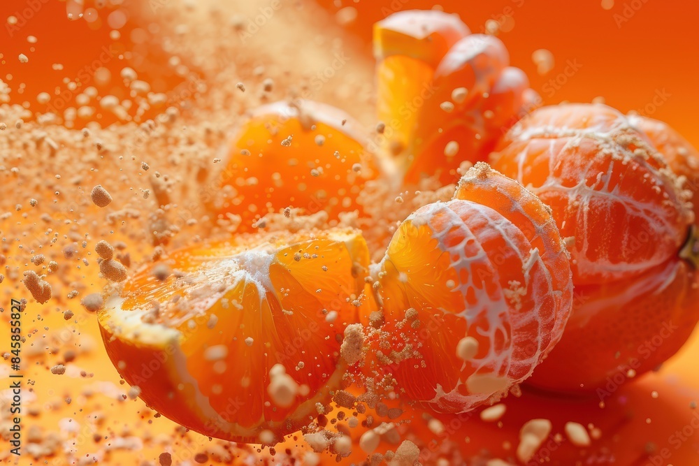 Mandarin chaos with an explosion of colors on a fuzzy orange background Mandarin chaos with an explosion of colors on a fuzzy orange background