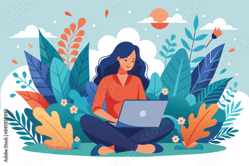 An illustration of a woman sitting cross-legged in a lush garden, working on her laptop on a sunny day.