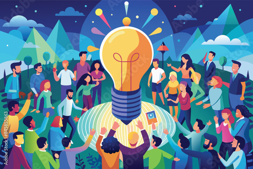 An illustration of a large group of diverse people gathered around a giant lightbulb, all celebrating and sharing ideas under a starry night sky.